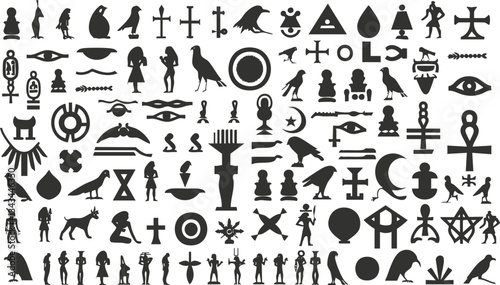 Ancient hieroglyphics and symbolic icons collection in black silhouette