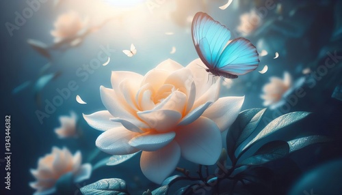 A butterfly with wings of pale blue flutters gently onto a garde