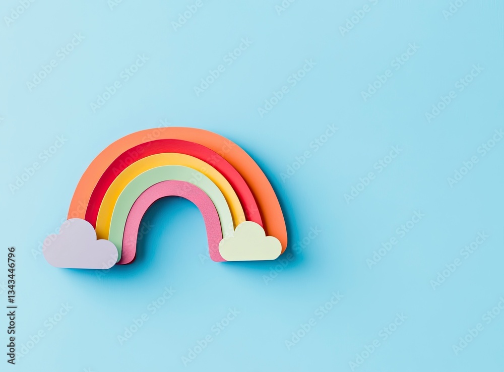Fototapeta premium Colorful Paper Rainbow and Clouds on Light Blue Background Decor