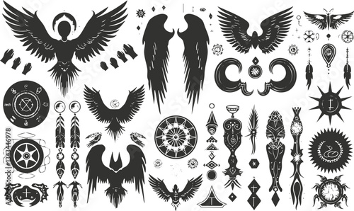 Collection of mystical tribal wing designs and symbolic patterns