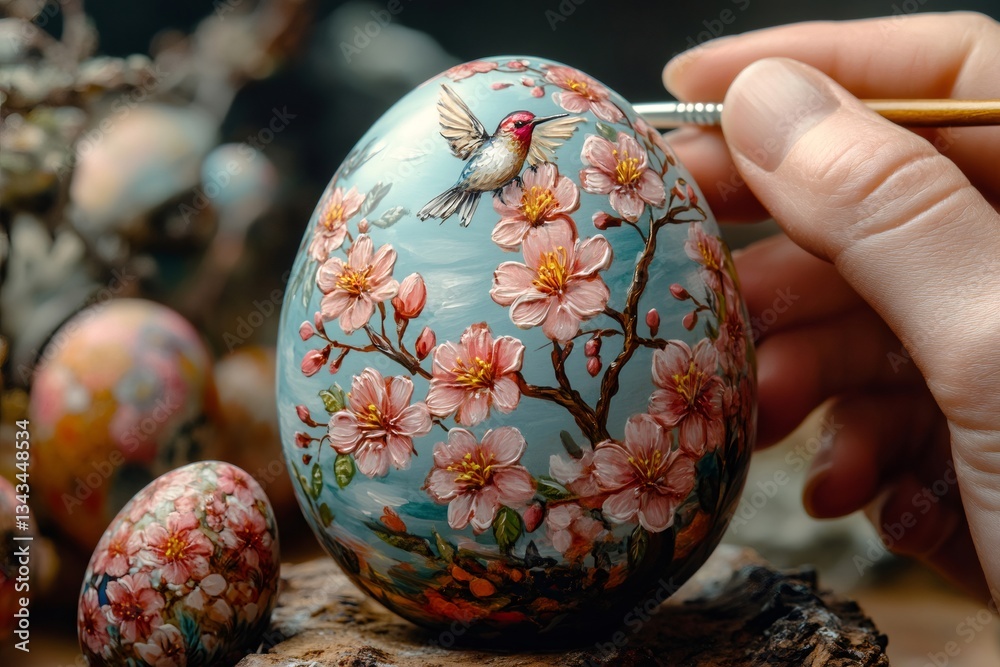 Naklejka premium Artist painting beautiful floral design and hummingbird on easter egg