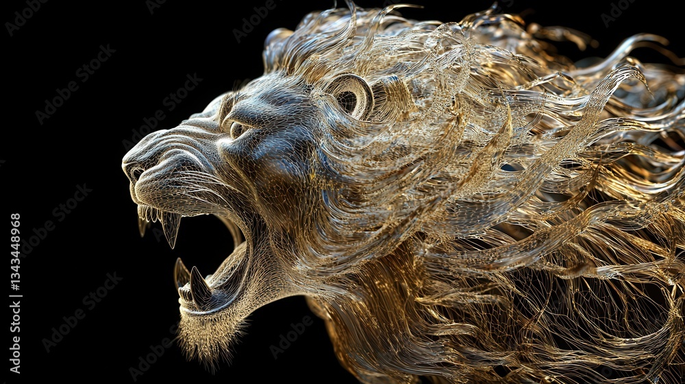 an incredibly detailed 3D photograph of a roaring lion, each strand of its mane individually visible, with lifelike reflections in its piercing eyes. an incredibly detailed 3D photograph of a roaring lion, each strand of its mane individually visible, with lifelike reflections in its piercing eyes.
