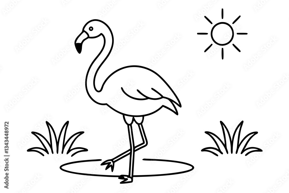 Fototapeta premium flamingo wading in a pond with the sun shining line art silhouette vector illustration
