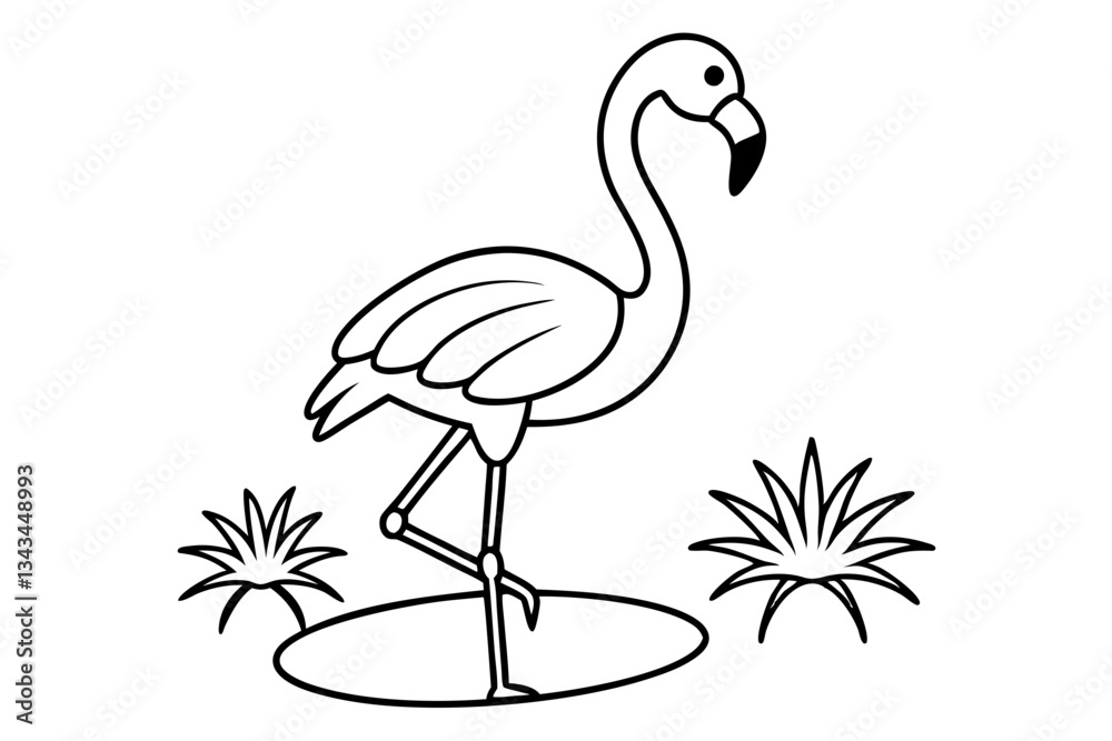 Fototapeta premium flamingo wading in a pond with the sun shining line art silhouette vector illustration