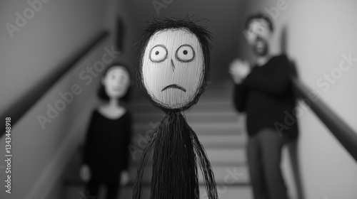 Disturbing Encounter in Black and White, Emotionally Charged Character Surrounded by Unfamiliar Figures, A Tense Moment Captured in Unique Style