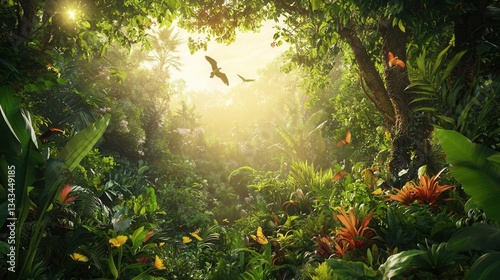 Fototapeta Naklejka Na Ścianę i Meble -  an ultra-realistic 3D image of a lush green forest with vibrant biodiversity, birds flying overhead, and sunlight filtering through the dense canopy, showcasing a pristine ecosystem. 