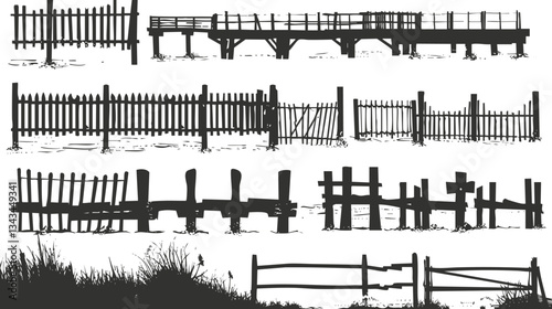 Rustic wooden fences and bridges silhouettes on white background