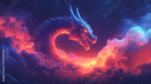 A neon dragon s silhouette glowing in a dark cyber sky
