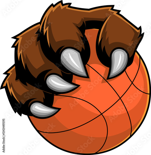 Bear Claw Holding Basketball Mascot Logo. Vector Hand Drawn Illustration Isolated On Transparent Background