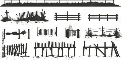 Silhouette variety of fences with nature elements and animals