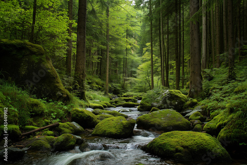 a stream in a green forest