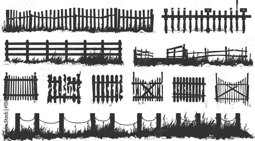 Silhouette collection of diverse wooden fence designs and styles