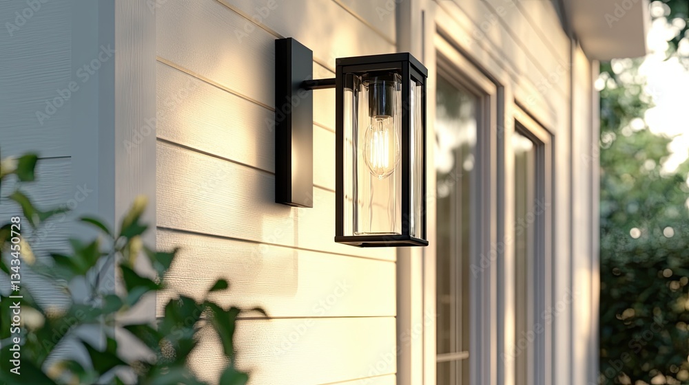 Obraz premium A black outdoor wall light with clear glass and a rectangular frame, Generate AI