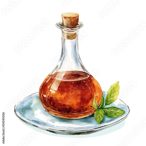 Watercolor Haft sin bottle of Vinegar on a plate. Traditional Persian New Year, isolated on a white background. Nowruz vector design set vector design