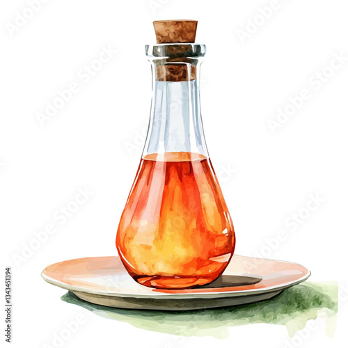 Watercolor Haft sin bottle of Vinegar on a plate. Traditional Persian New Year, isolated on a white background. Nowruz vector design set vector design