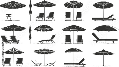 Variety of beach umbrellas and lounge chairs silhouette set for summer relaxation