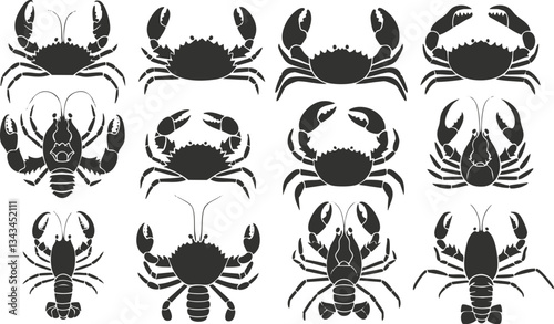 Silhouette collection of varied crabs and lobsters in different poses