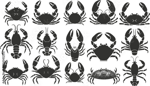 Silhouette collection of various crab and lobster designs in black