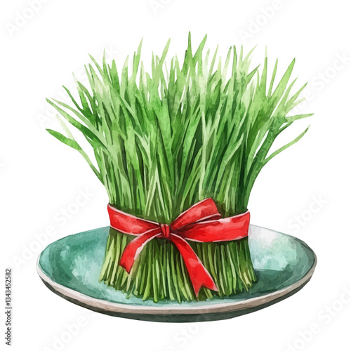 Watercolor Wheatgrass with red ribbon on blue green plate Front View. Traditional Persian New Year Wheatgrass, isolated on a white background. Nowruz vector design set. vector illustration