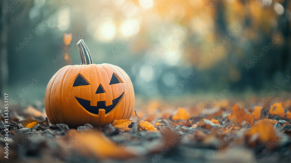 Naklejka premium Halloween Jack o Lantern and leaf border background for copy space.Autumn Halloween pumpkins with nature background. Orange pumpkins over bright autumnal nature background.