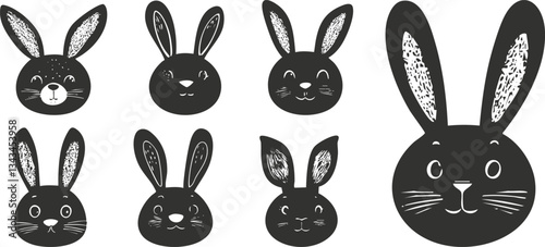 Adorable black and white bunny face icons with various expressions