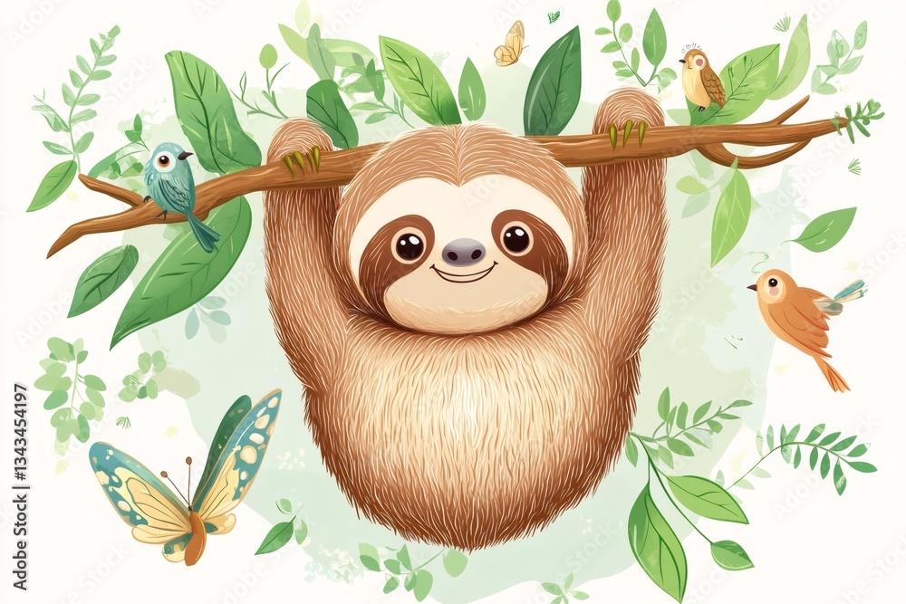 Obraz premium Smiling sloth hanging on a branch with birds and butterflies