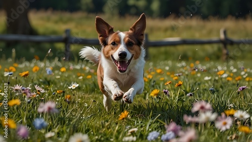 An amusing and joyful dog leaping across a flower meadow