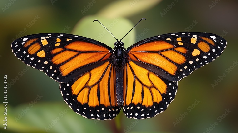 Vibrant Monarch Butterfly Resting on Green Leaf in Natural Habitat Vibrant Monarch Butterfly Resting on Green Leaf in Natural Habitat