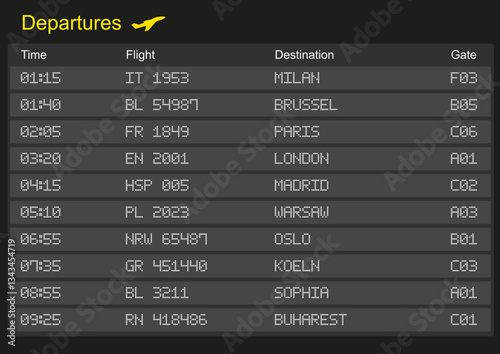 Departures board screen in airport PSD for easy editing. Europe destinations: Milan, London, Mardid, Warsaw, Oslo, Koeln, Sophia, Buharest, Paris, Brussel