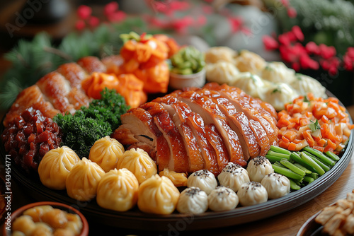 a Chinese banquet table, featuring Peking duck, dumplings, stir-fried vegetables, and tea, served on a round table with a lazy Susan, soft red accents in the background