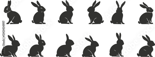 Silhouette collection of bunny side profiles in various poses on white background