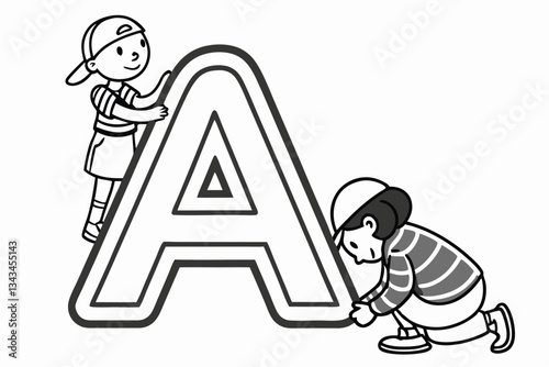 Playful illustration of children lifting a large letter A, perfect for educational or fun themed projects