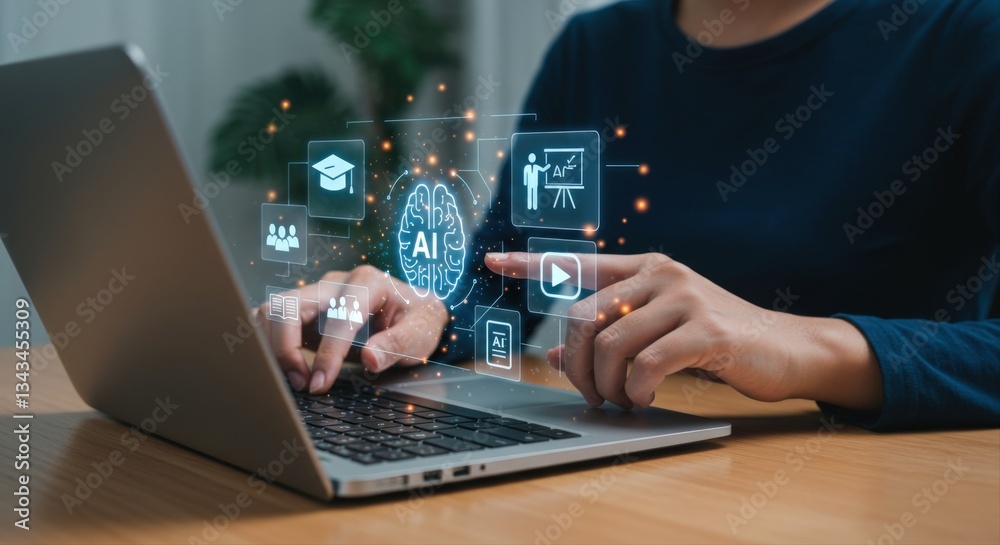 Education technology and AI Artificial Intelligence concept, Women use laptops, Learn lessons and online webinars successfully in modern digital learning, Courses to develop new skills Education technology and AI Artificial Intelligence concept, Women use laptops, Learn lessons and online webinars successfully in modern digital learning, Courses to develop new skills