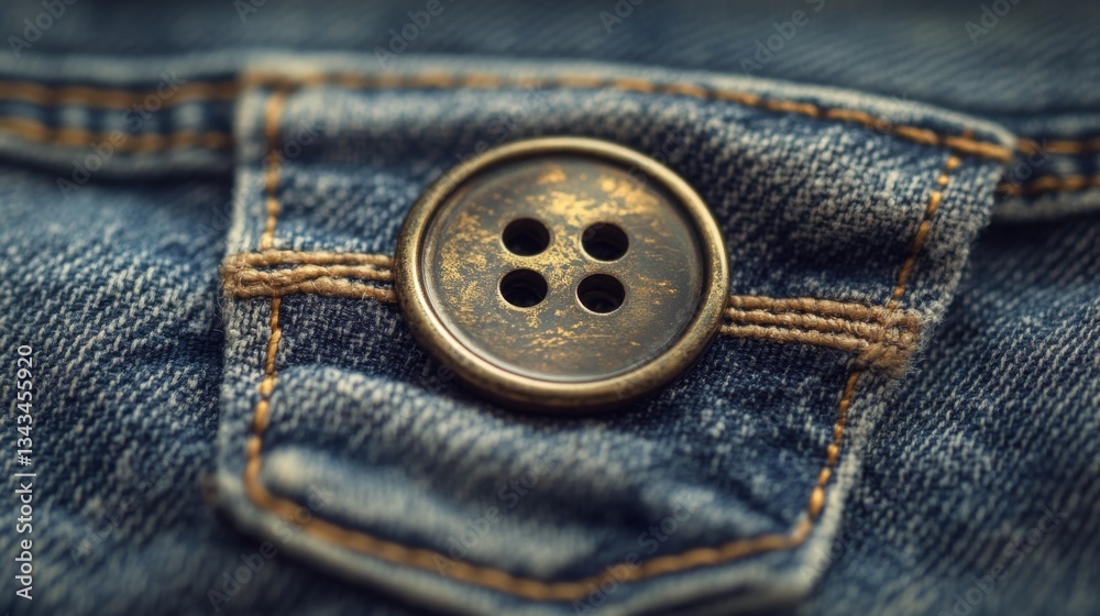 Weathered Antique Brass Button on Fabric Pocket Surface Weathered Antique Brass Button on Fabric Pocket Surface
