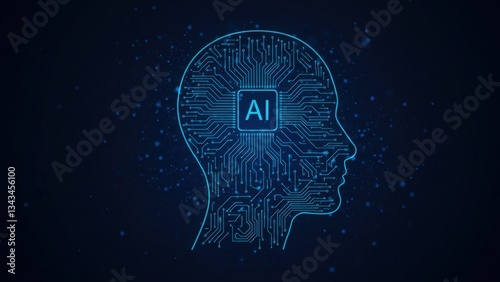Electronic brain and Concept of artificial intelligence(AI).Graphic of a digital brain and Human head outline made from circuit board, connecting on dark blue background