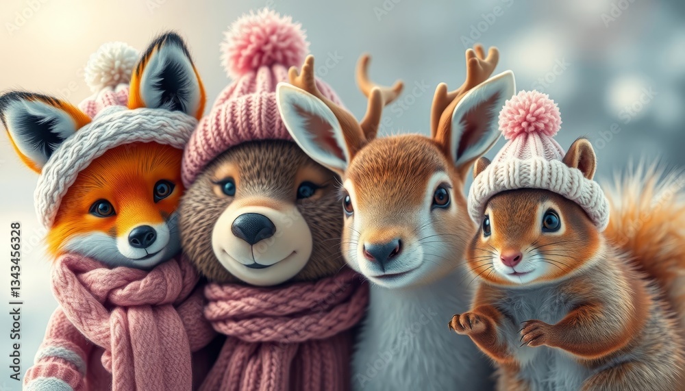 Fototapeta premium Winter Wonderland Friends A Cozy Gathering of Adorable Animals in Knitted Winter Hats and Scarves