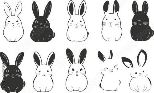 Cute black and white bunny illustrations with various expressions and poses
