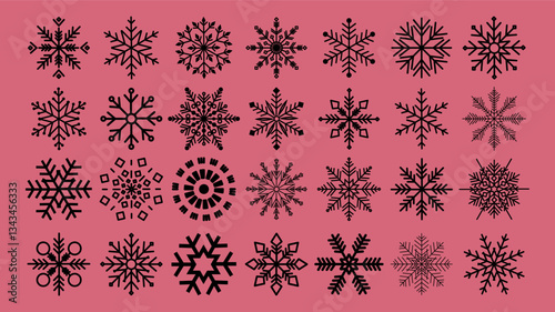 Collection of geometric snowflakes. Flat elements of different snowflake shapes. Set of snowflakes for holiday banner, postcard or decoration. New Year vector ornament.