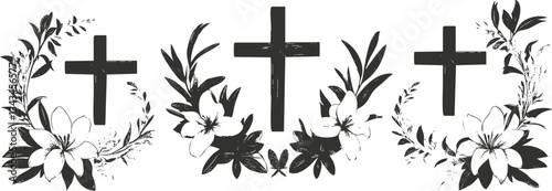 Three christian crosses with floral wreaths in monochrome design