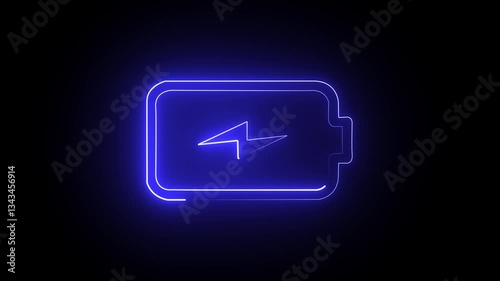 Glowing neon line battery icon . charging symbol. Electric battery in active charging animation on black background. 4k animation.