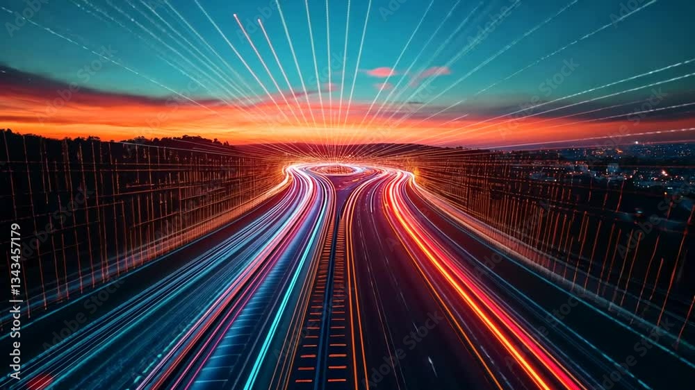 Futuristic Highway Time Lapse with Flowing Light Streaks and a Vibrant Sunset Sky
