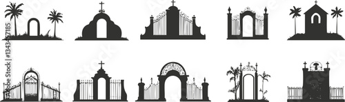 Collection of vintage cemetery gates and archways silhouettes