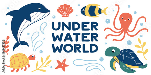 Vector set of underwater sea animals like fish, dolphin, octopus, and shark in a fun tropical aquarium design