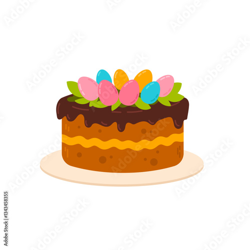 A delicious Easter cake decorated with chocolate glaze and pastel-colored eggs. Perfect for festive celebrations, dessert illustrations, and bakery designs.