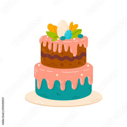 A beautiful two-tiered Easter cake with pink and blue icing, topped with chocolate and colorful eggs. A perfect illustration for holiday baking, dessert menus, and festive designs.