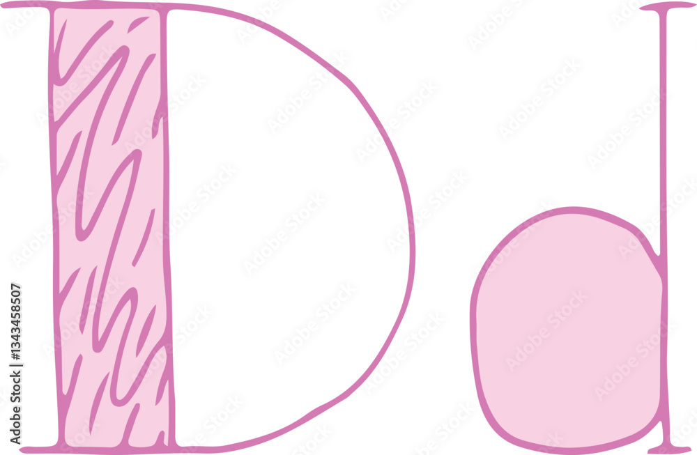capital letter D and lowercase letter d hand drawn with curved purple lines with light pink fill