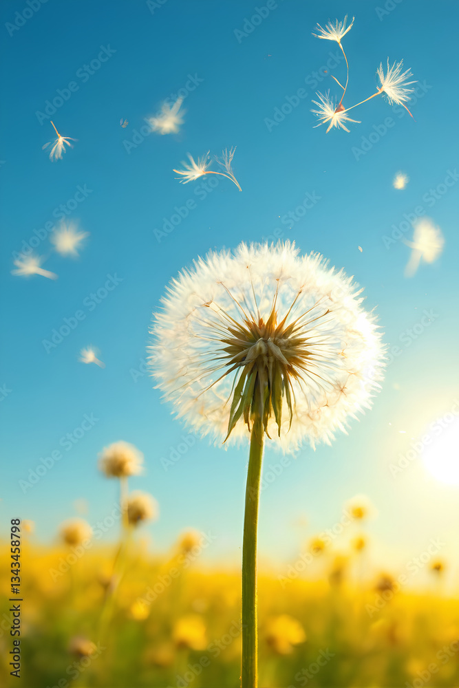 Naklejka premium dandelion on blue sky background