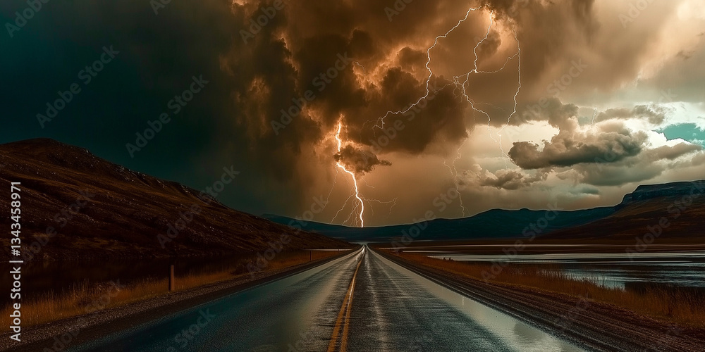 Fototapeta premium The Endless Road to the Horizon, Where Mountains Touch the Sky and Sunlight Dances Through the Clouds