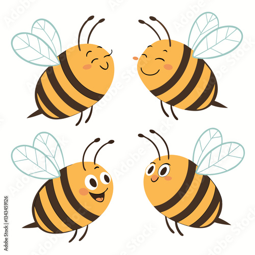 A cute cartoon bee flying around a flower with honey, creating a fun and happy scene with a yellow bumblebee character, wings, and nature vibes