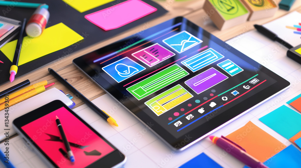 Innovative App Design in a Creative Workspace: Digital Tablet, Mobile Phone, and Art Supplies on a Modern Office Desk Innovative App Design in a Creative Workspace: Digital Tablet, Mobile Phone, and Art Supplies on a Modern Office Desk